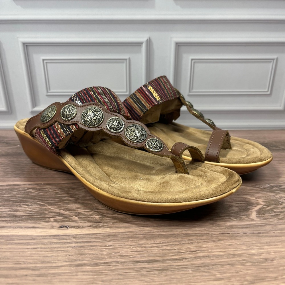 Minnetonka Kinsley Nevada Thong Sandals Women Brown Striped Boho‎ Wedge Slides 8
